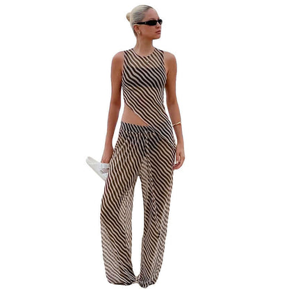 Women's Sleeveless Diagonal Stripes See-through Irregular Top Suit