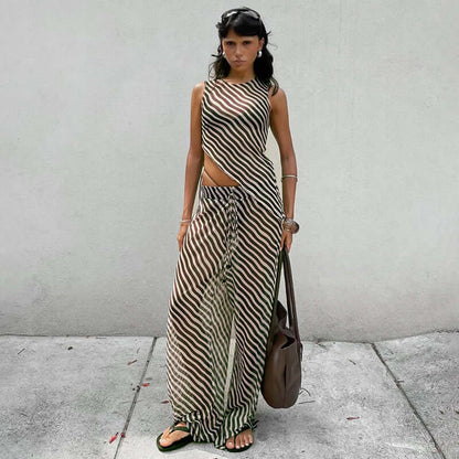 Women's Sleeveless Diagonal Stripes See-through Irregular Top Suit