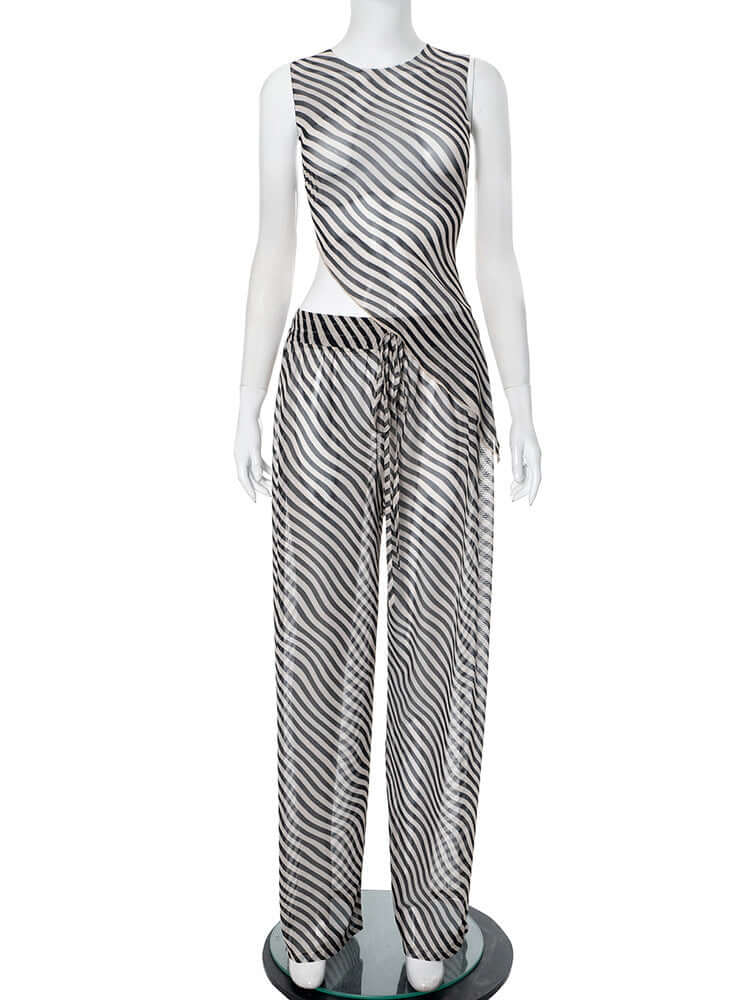 Women's Sleeveless Diagonal Stripes See-through Irregular Top Suit