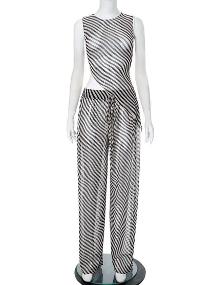 Women's Sleeveless Diagonal Stripes See-through Irregular Top Suit