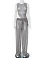 Women's Sleeveless Diagonal Stripes See-through Irregular Top Suit