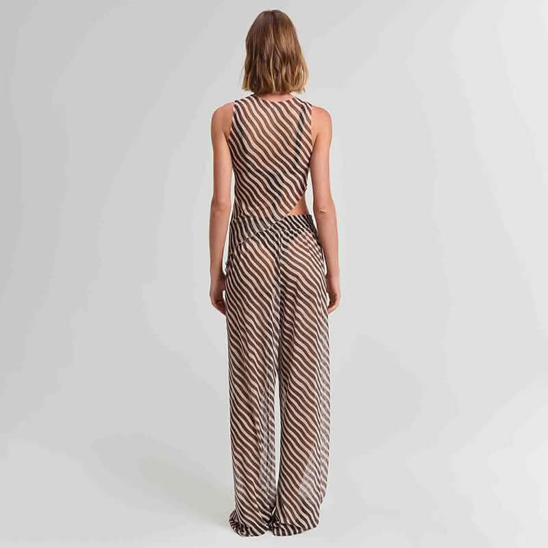 Women's Sleeveless Diagonal Stripes See-through Irregular Top Suit