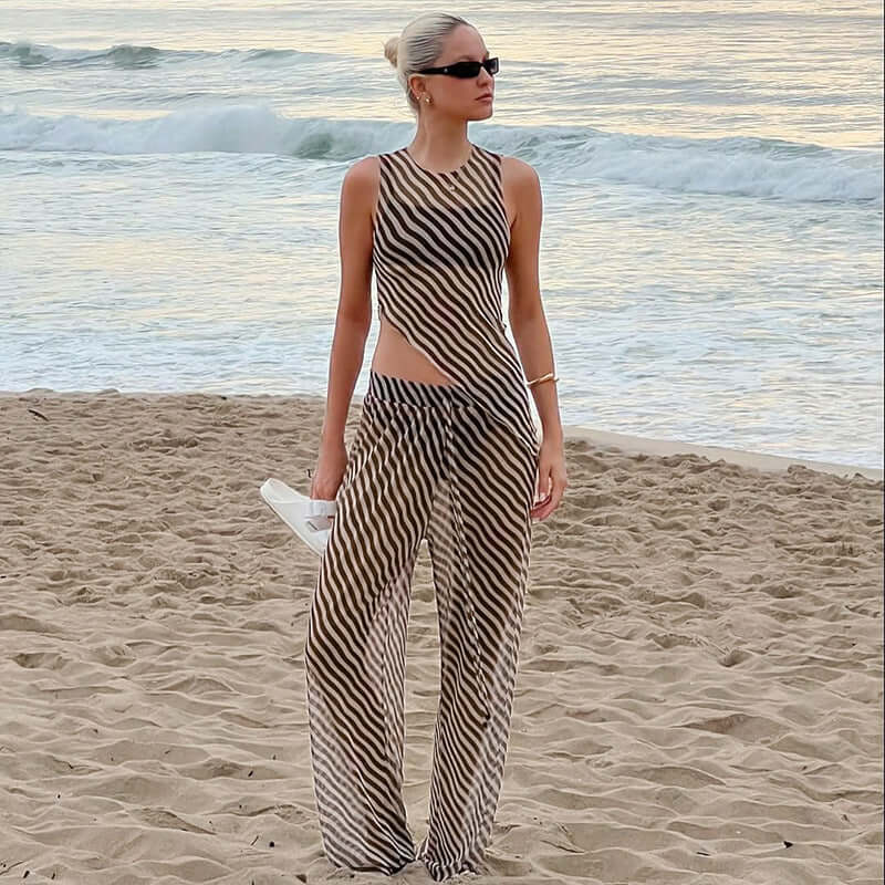 Women's Sleeveless Diagonal Stripes See-through Irregular Top Suit